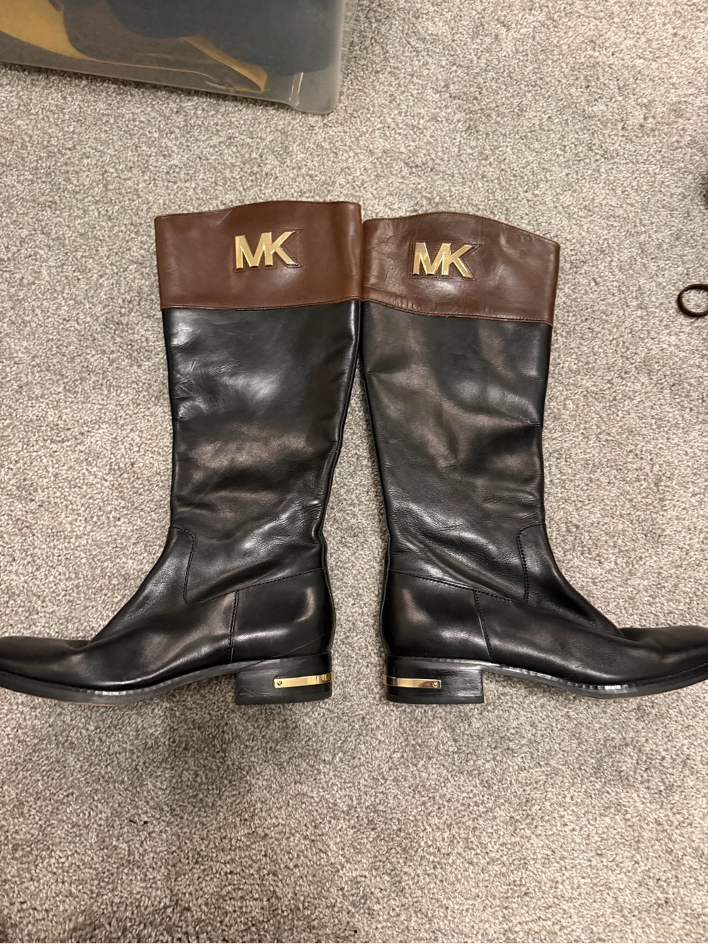 Michael Kors Black Leather Riding Boots with Brown Cuffs and Gold MK Hardware